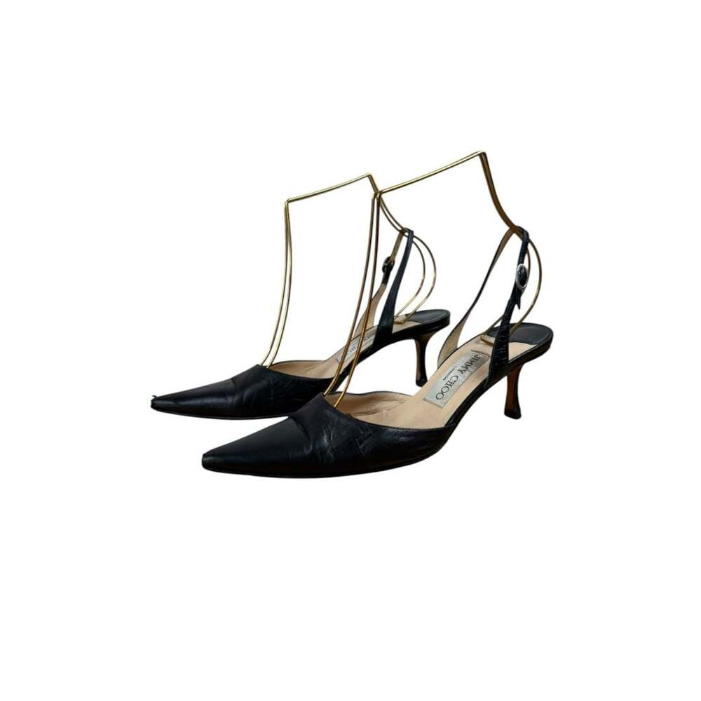 Jimmy Choo Black Leather Pointed-Toe Slingback Kitten Heel Pumps Sz. 36 1/2